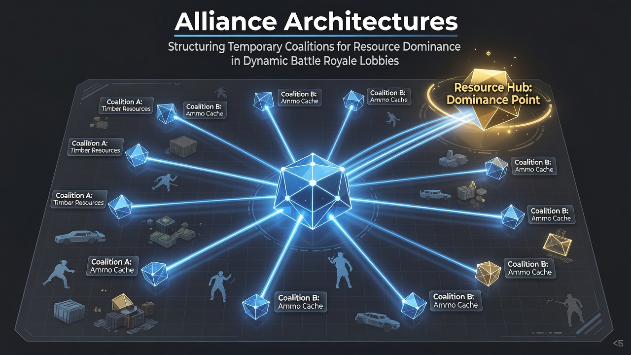 Battle royale players coordinating temporary alliances around a central loot zone on a large map