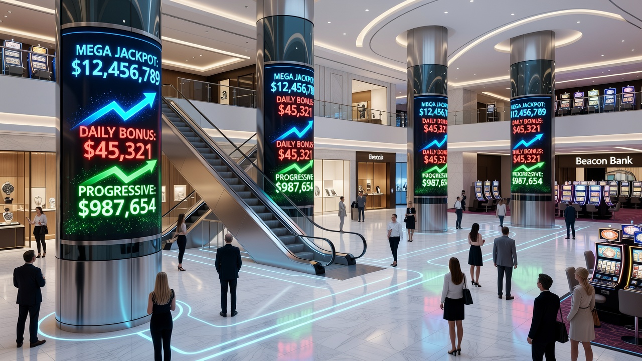 Progressive jackpot beacon banks positioned prominently in a bustling casino atrium with directional signage and crowd flow patterns