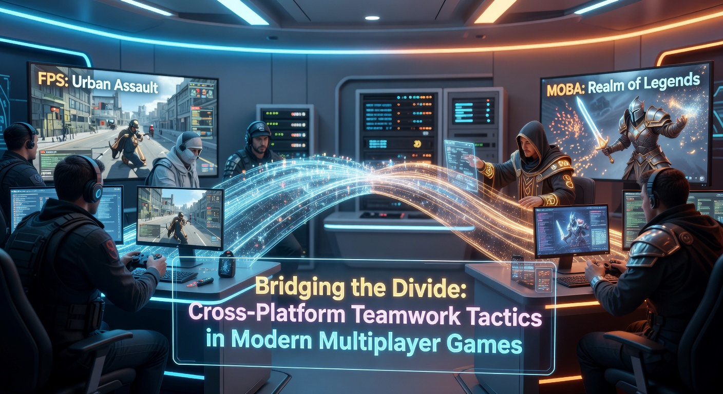 Diverse gamers on PC, console, and mobile uniting in a vibrant multiplayer battle arena, highlighting cross-platform synergy