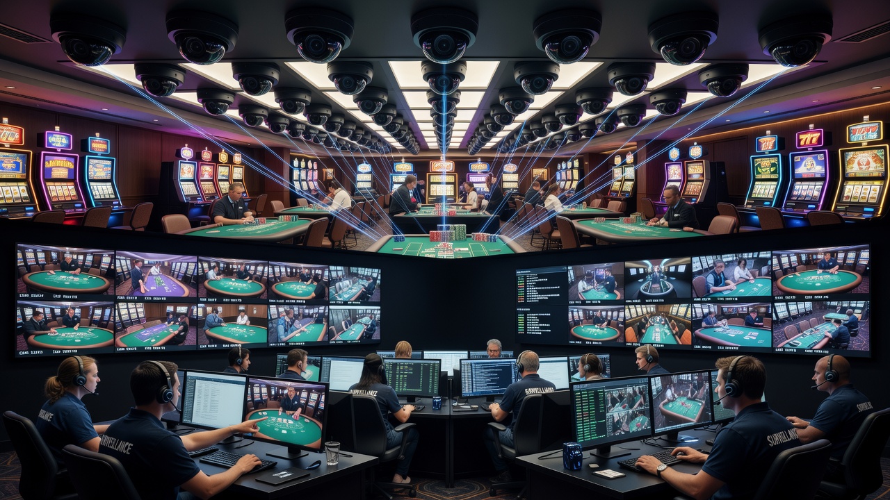 Overhead view of layered camera arrays positioned above gaming tables and slot banks in a casino floor
