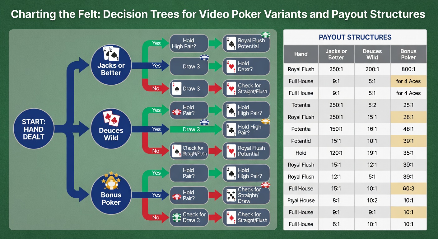 Flowchart showing payout multipliers and optimal hold decisions for Deuces Wild and Bonus Poker variants