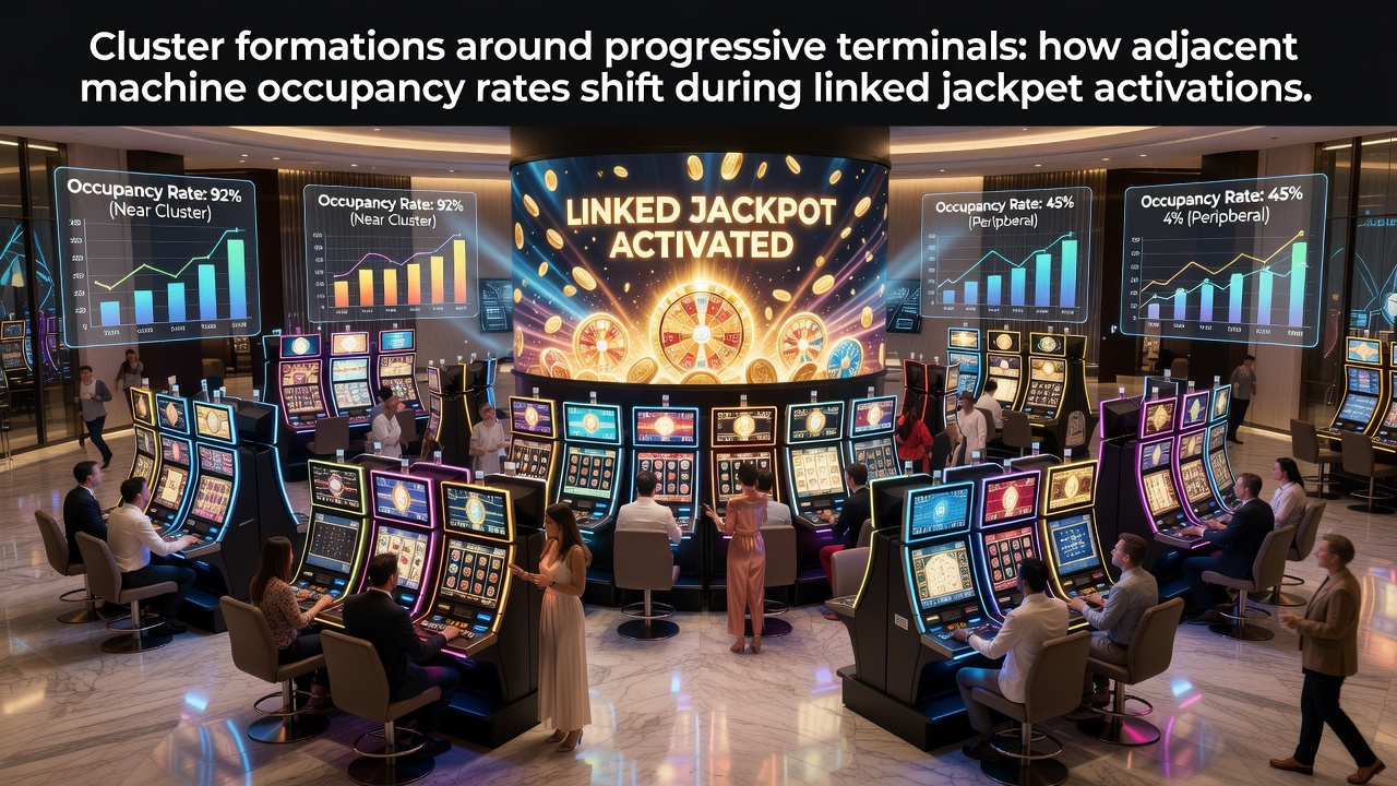 Casino floor layout showing progressive slot terminals and surrounding machine clusters during jackpot events