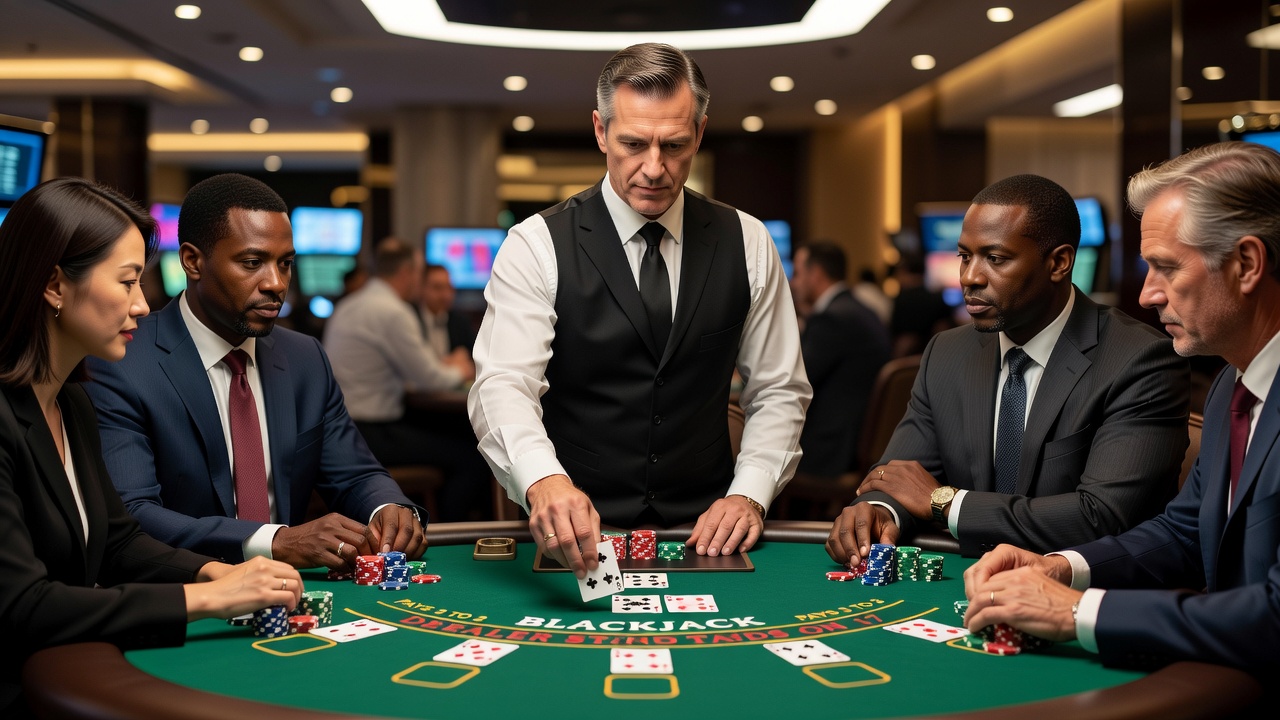 Blackjack dealer handling cards at a steady pace on a felt table during evening play
