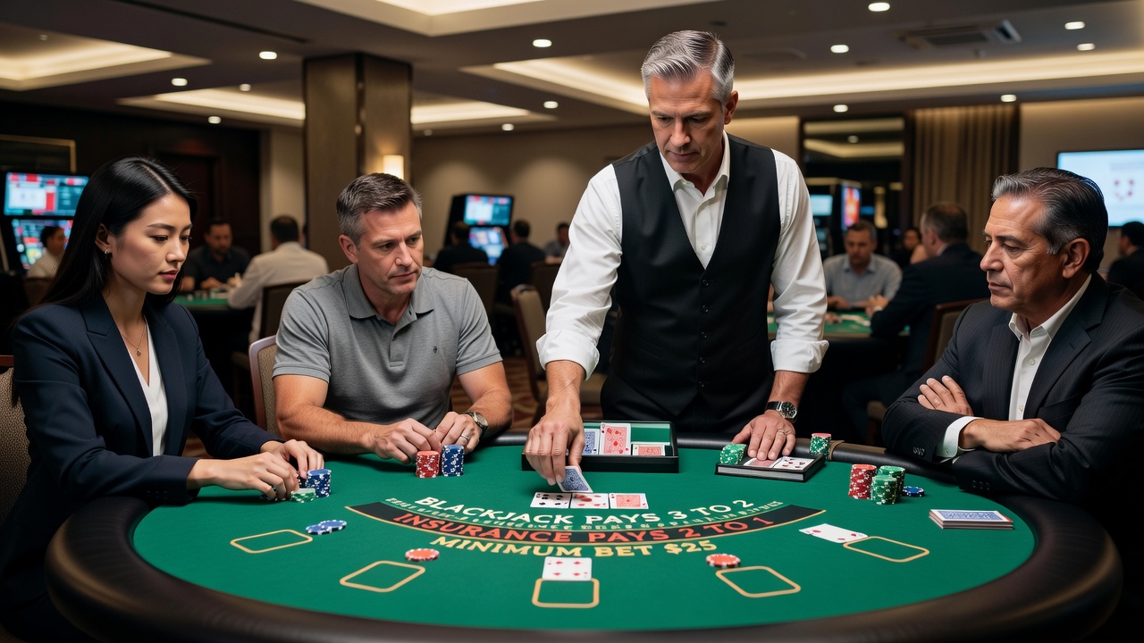 Close-up of dealer hands distributing cards with visible timing intervals at a busy blackjack table