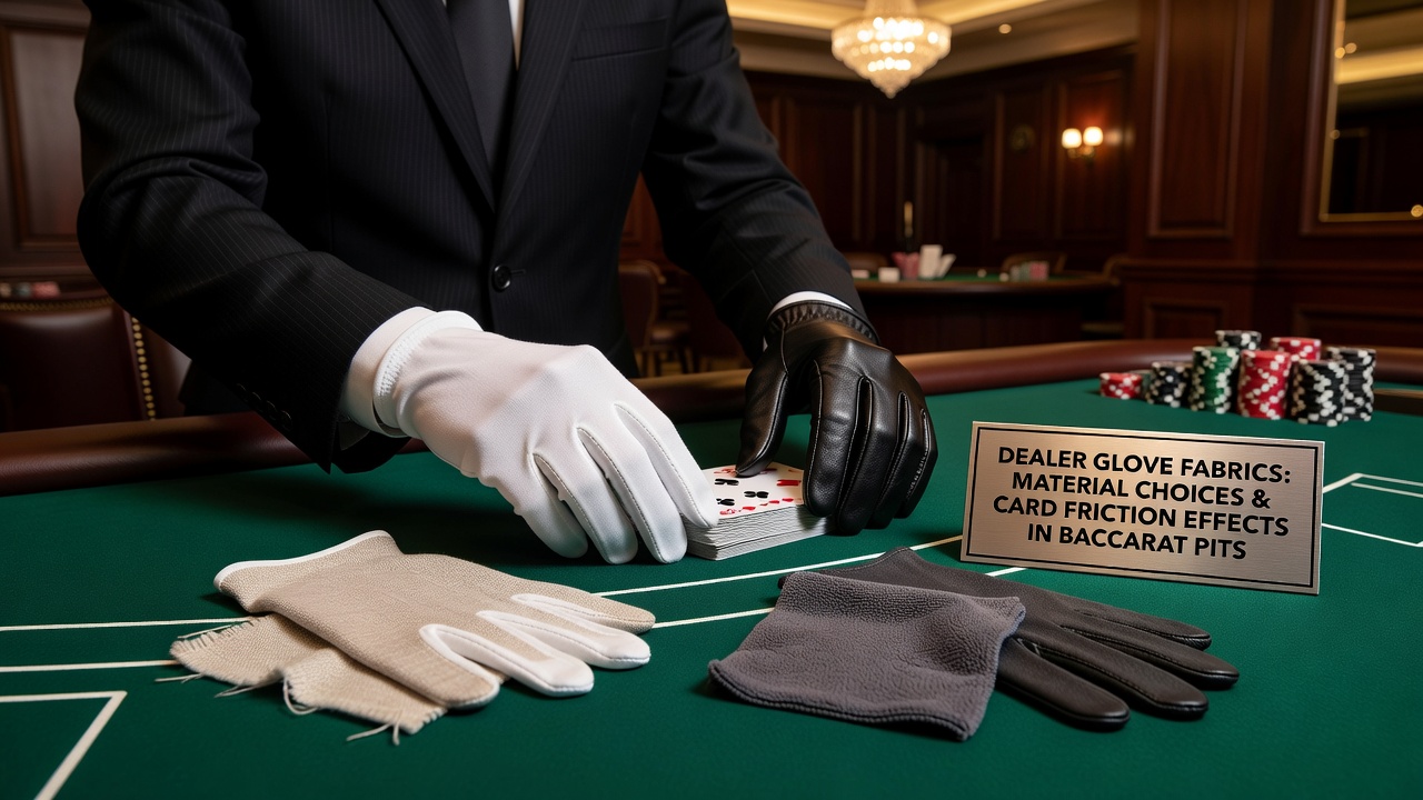 Close-up view of dealer gloves handling playing cards on a baccarat table surface