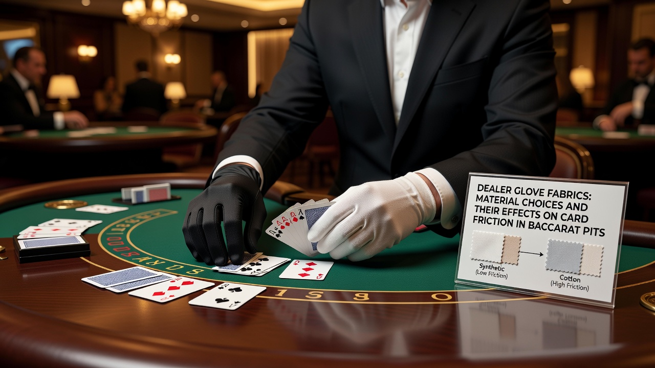 Dealer demonstrating card sliding technique using different glove materials on a felt baccarat table