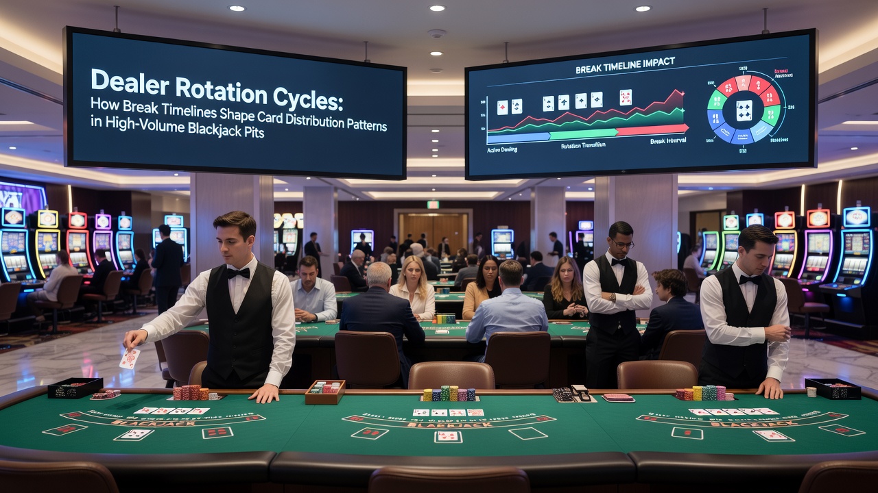 Blackjack pit floor showing dealers at multiple tables during shift rotations
