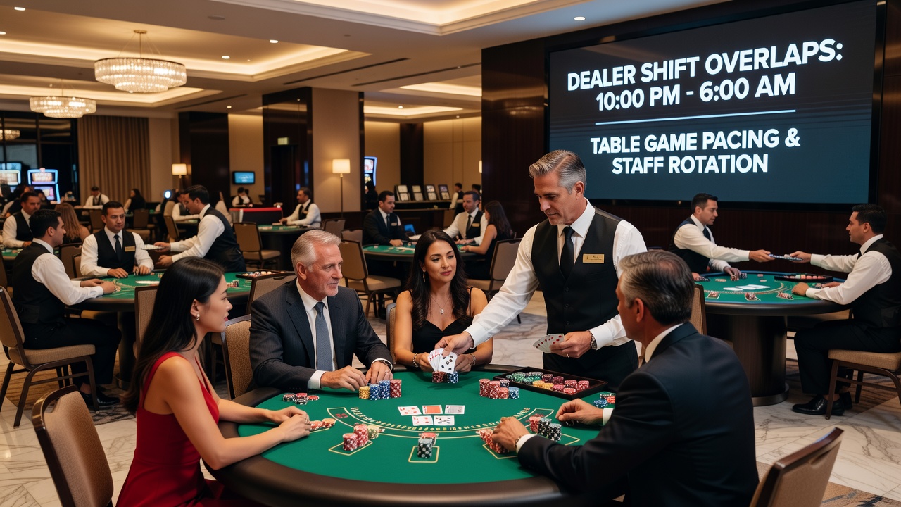 Dealers exchanging positions at a crowded baccarat table with pit boss oversight