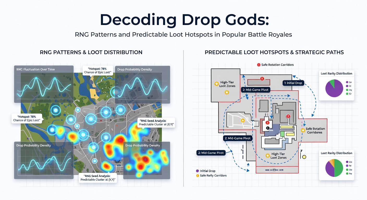 Heatmap overlay on a battle royale map highlighting glowing loot hotspots in red and orange, with player drop paths converging like rivers to high-density zones amid varied terrain