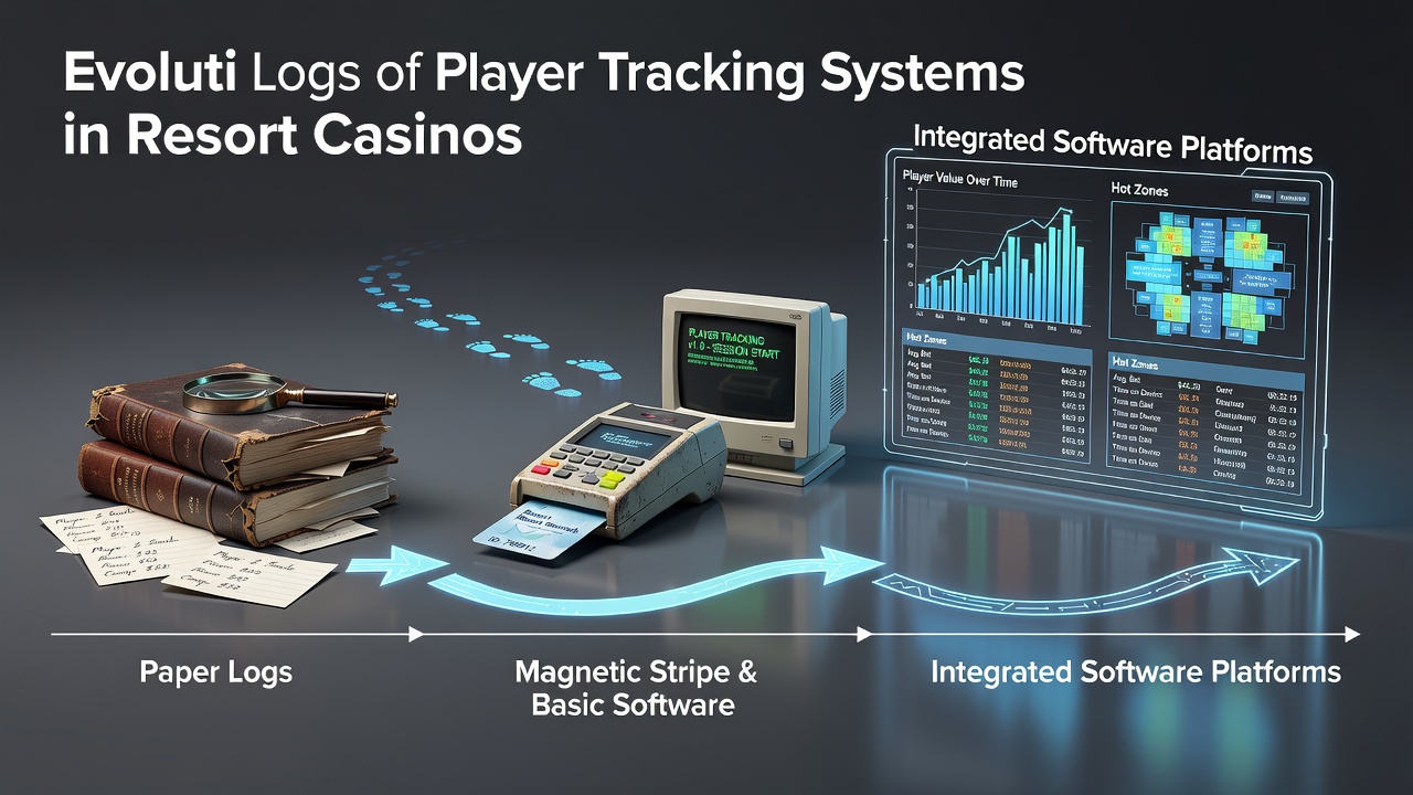 Early casino floor with staff using paper logs for player tracking next to modern digital terminals