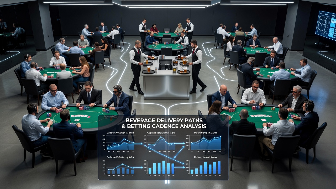 Detailed view of beverage cart movement patterns near poker tables showing route intersections