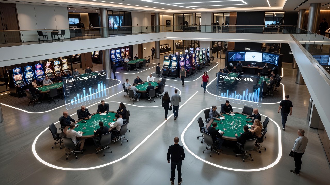 Heat map overlay illustrating table occupancy variations tied to guest circulation patterns across casino floors