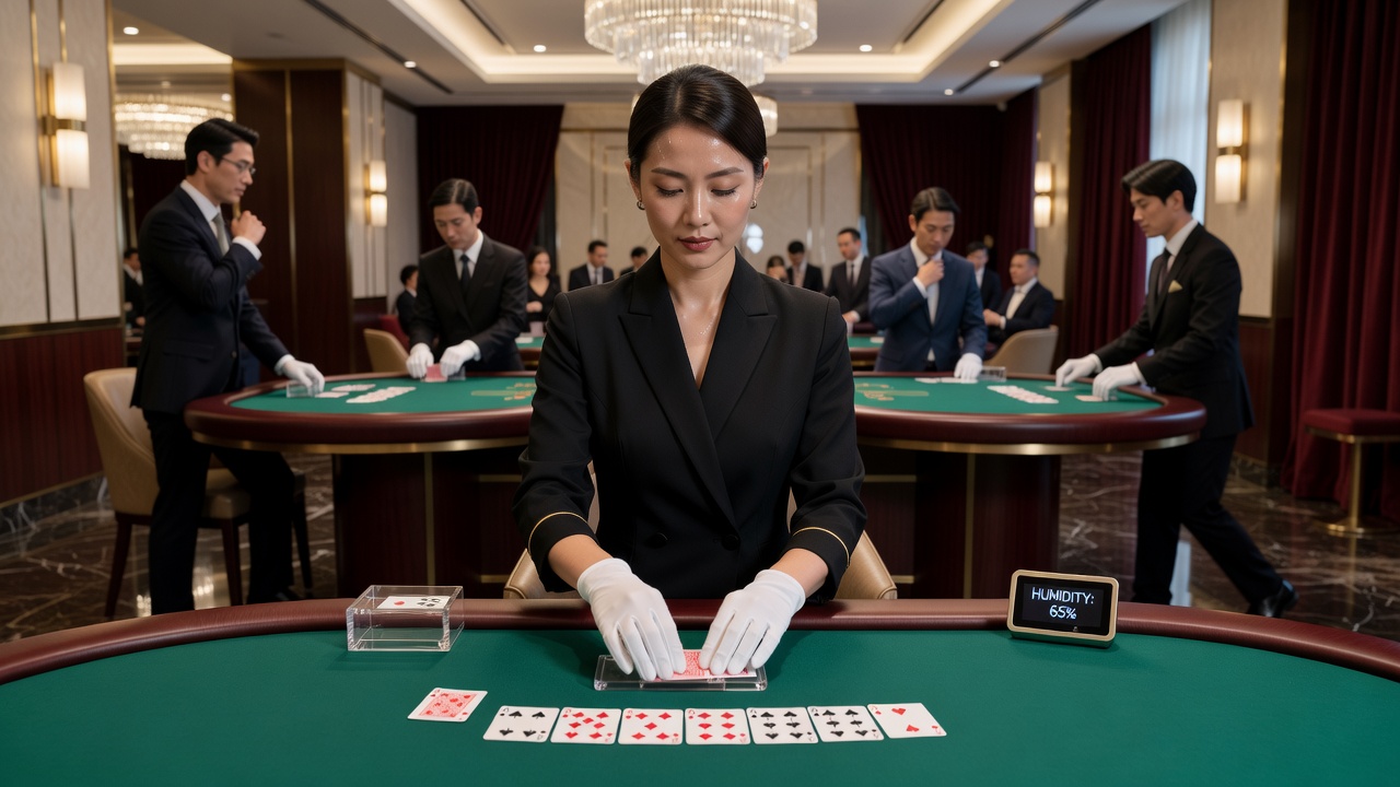 High-limit baccarat salon with dealers managing cards under controlled environmental conditions