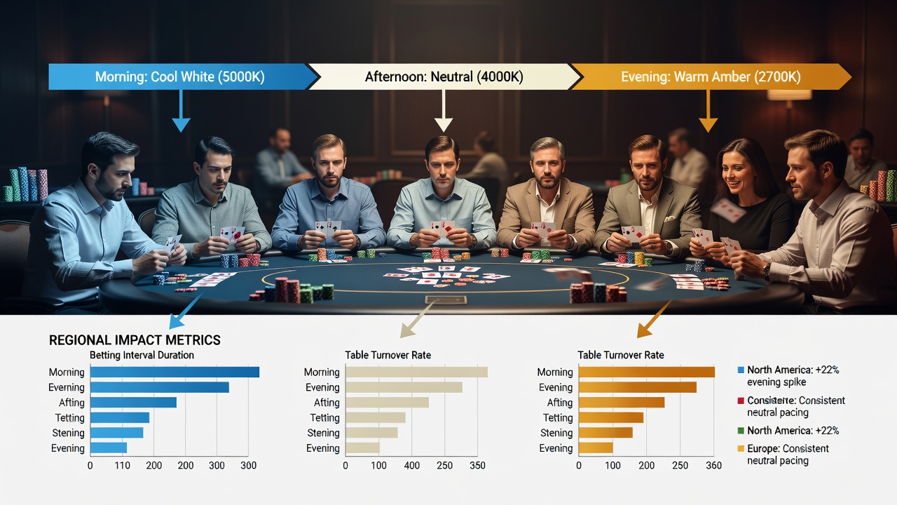 Casino poker area showing mid-cycle lighting adjustments and dealer rotations at multiple tables