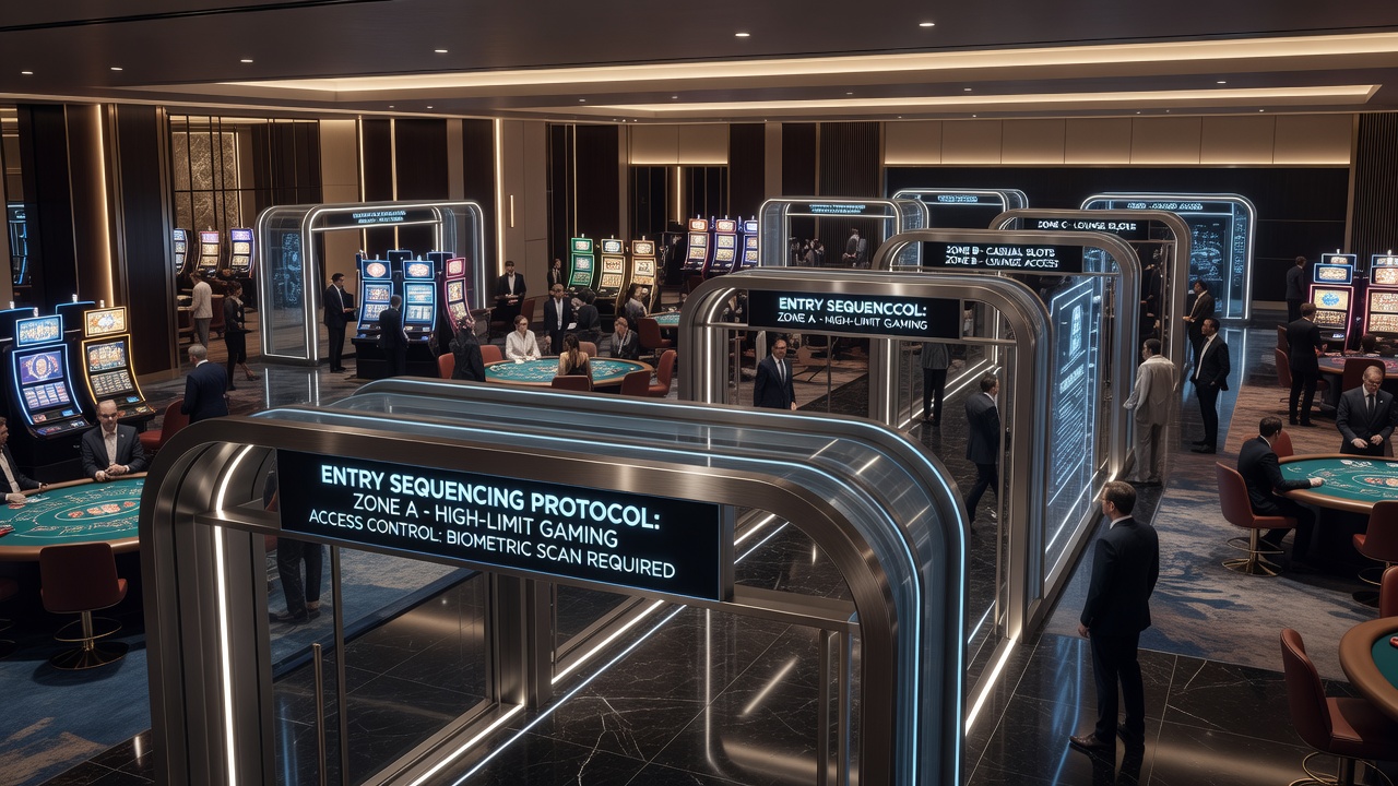 Casino floor layout showing entry points between gaming zones with sequencing markers and directional flows