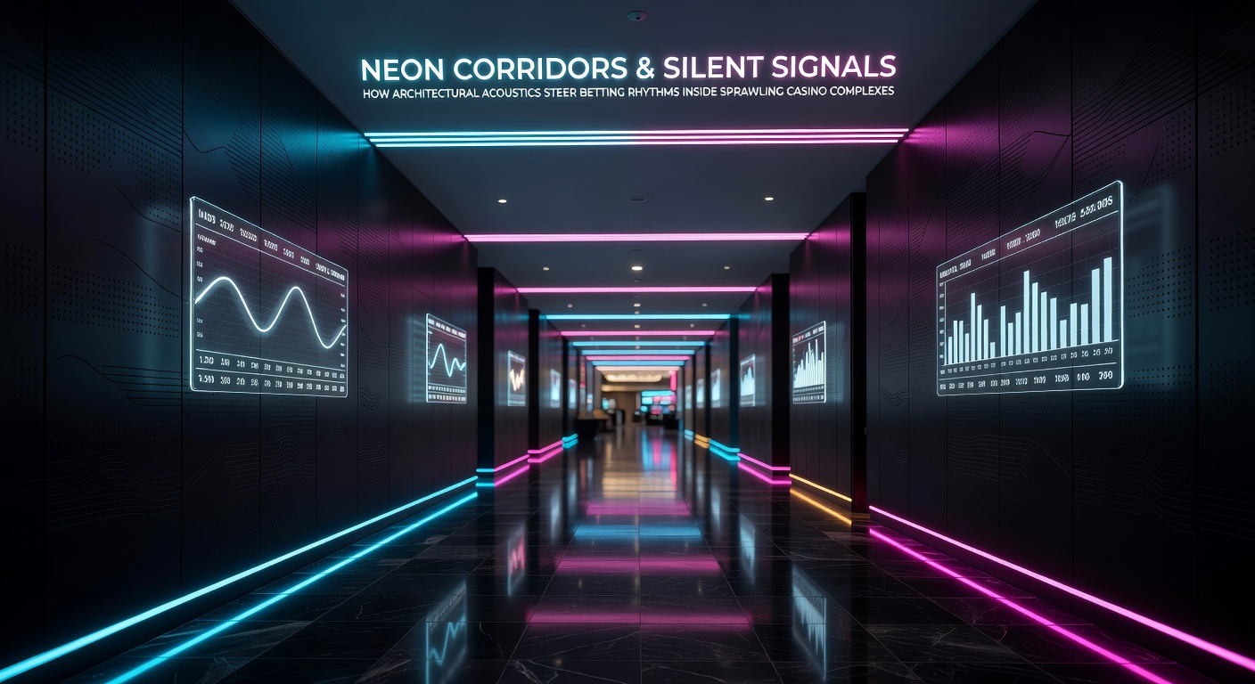 Neon-lit casino corridors with layered acoustic panels directing sound flow toward gaming areas