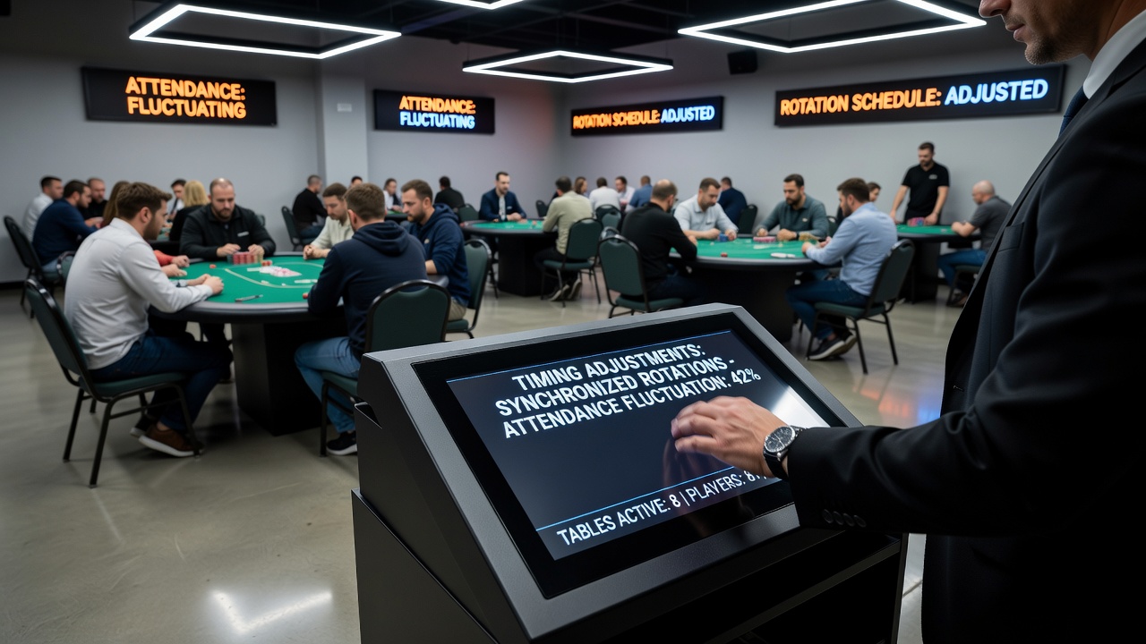 Dealers coordinating rotations at adjacent poker tables while attendance levels shift throughout an evening in a resort poker room