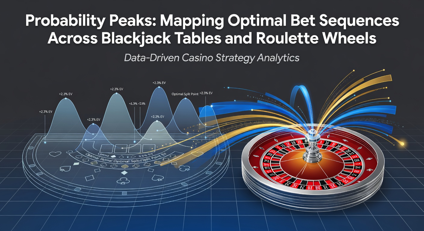 Blackjack table with cards and chips alongside a roulette wheel showing probability distributions