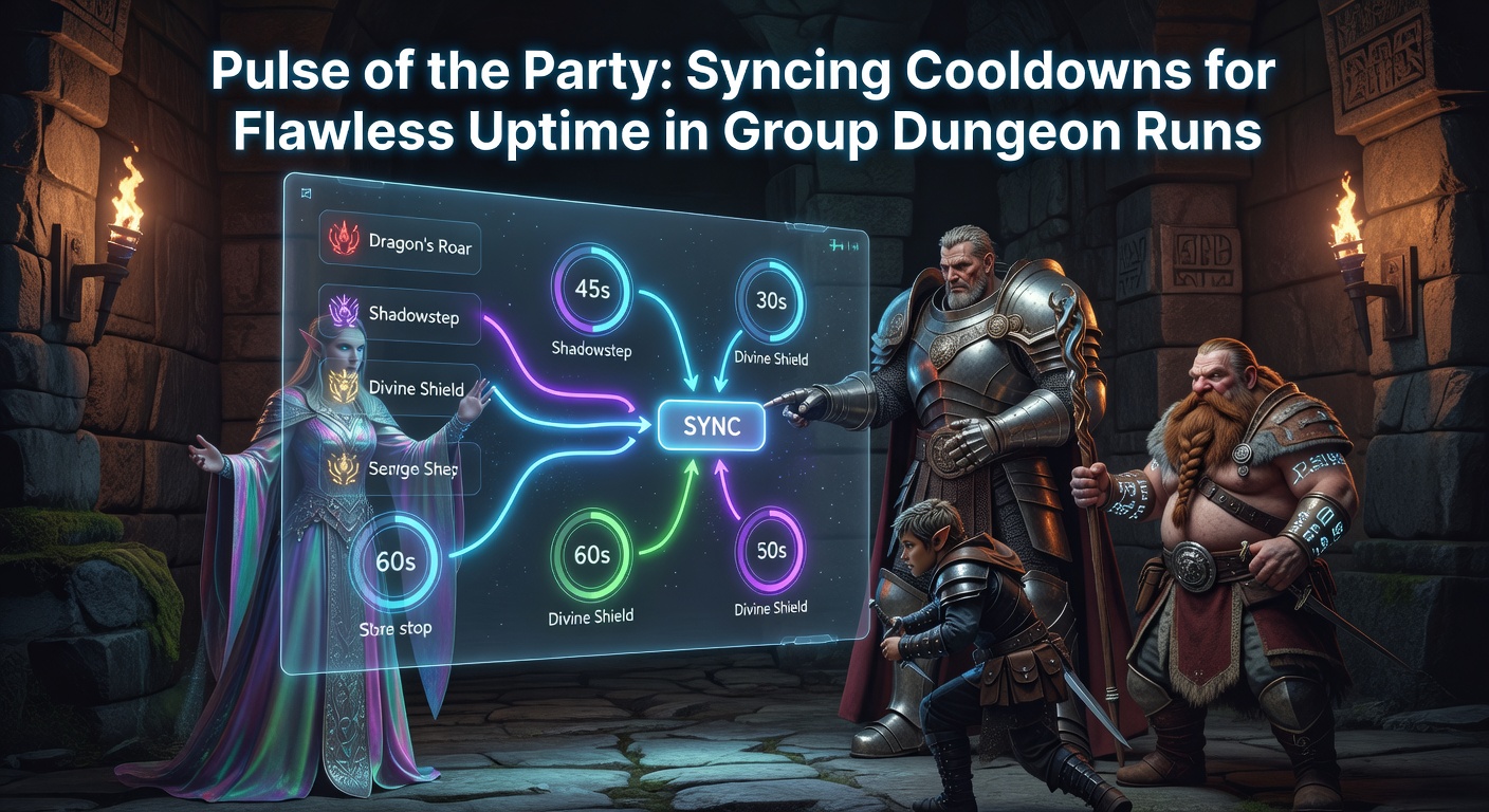 A raid group in World of Warcraft executes synchronized cooldowns during a intense boss fight in a mythic dungeon, showing healers and DPS aligning bursts for maximum uptime.