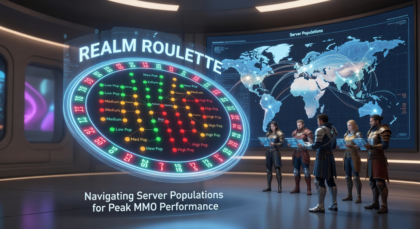 Dynamic MMO server population dashboard displaying real-time player counts across multiple realms with graphs spiking during peak hours