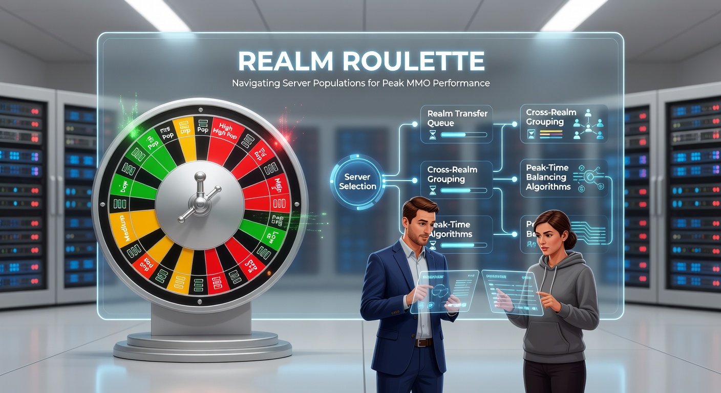 Player comparing MMO realm populations on a multi-monitor setup, with charts showing queue lengths and latency metrics in real-time