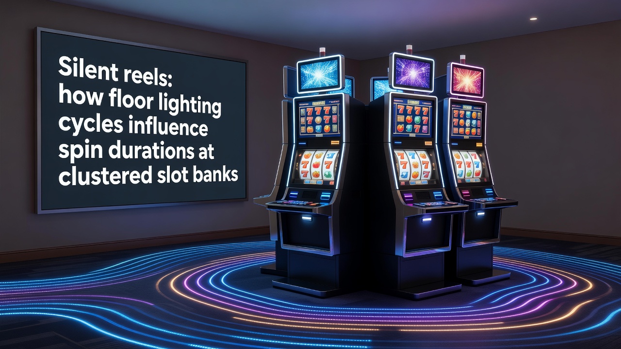 Clustered slot machines under cycling floor lighting in a casino environment