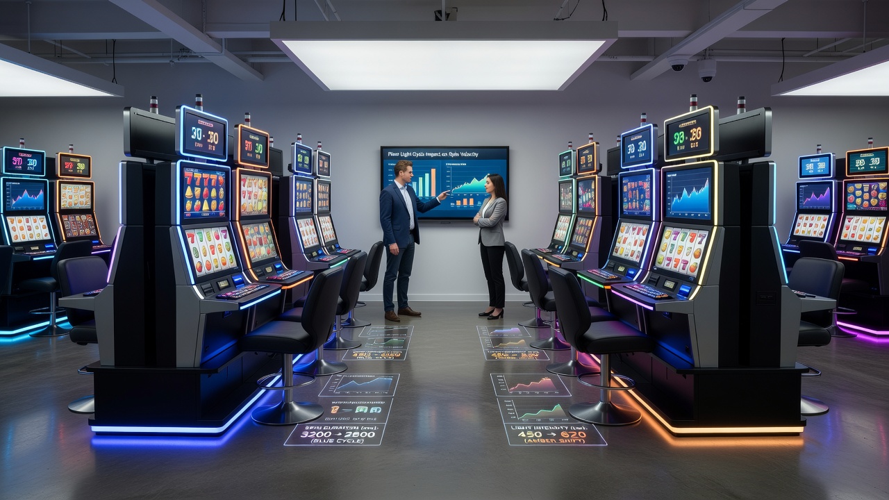 Detailed view of floor lighting integrated near slot machine bases during active cycles