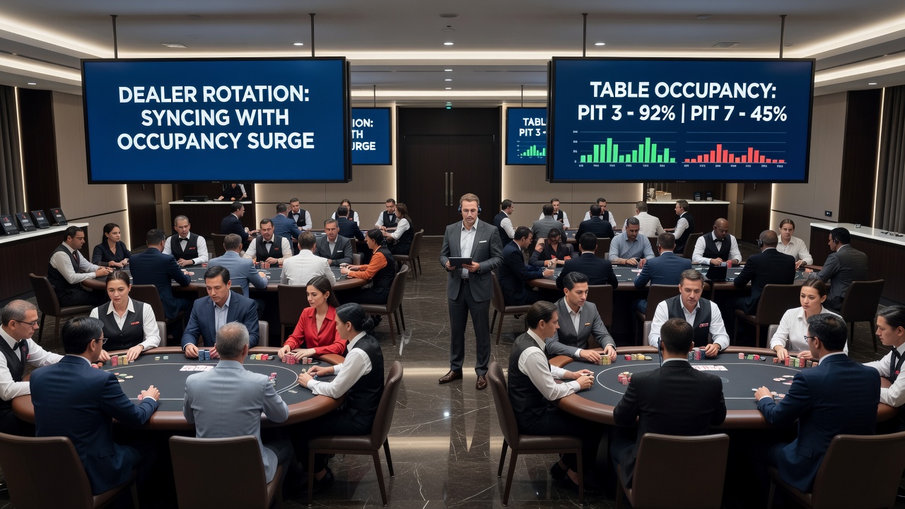 Casino floor manager reviewing digital occupancy dashboard and dealer rotation schedule in a multi-pit poker room