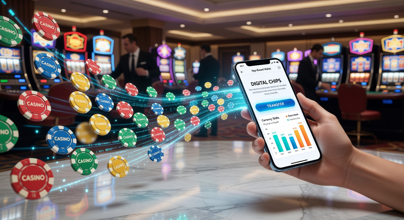 Casino floor transitioning from physical chips to digital wallet interfaces on mobile devices