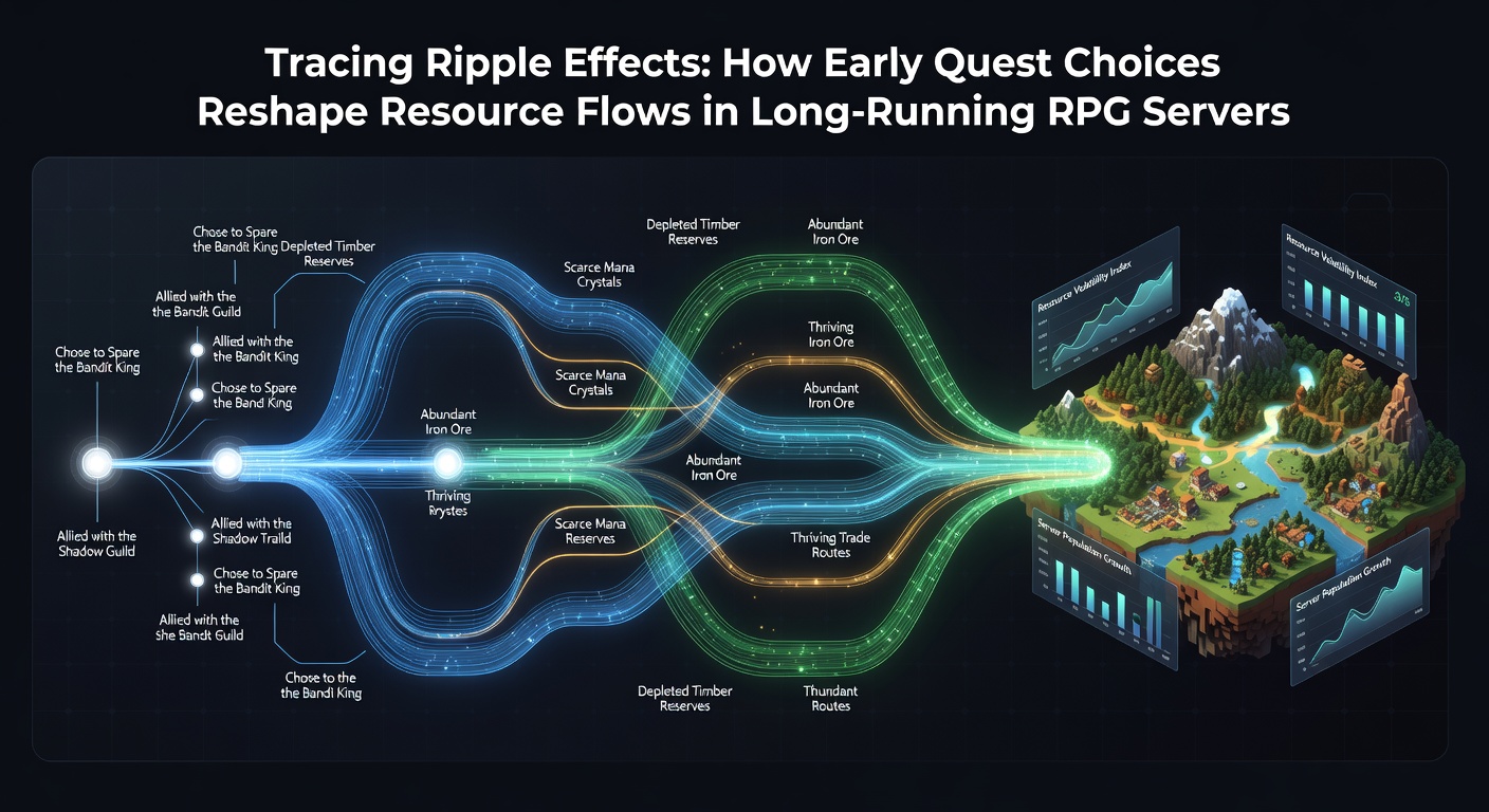 Diagram illustrating early quest decision points branching into server-wide resource distribution networks in persistent RPG environments