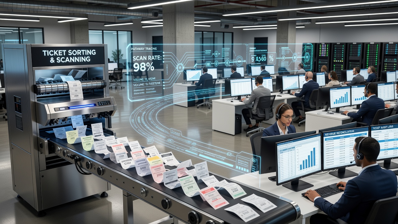 Back office staff scanning discarded slot tickets for ledger reconciliation in a casino resort