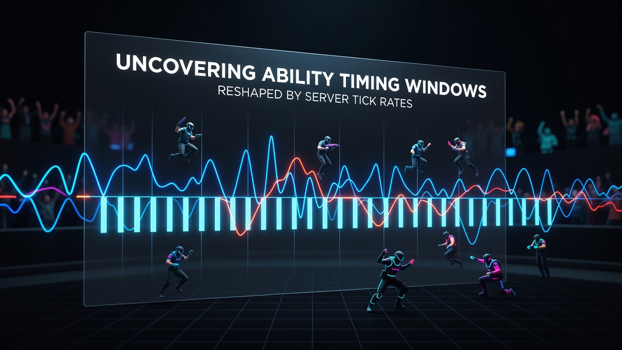 Diagram illustrating server tick rate variations affecting ability activation sequences in team-based competitive arenas