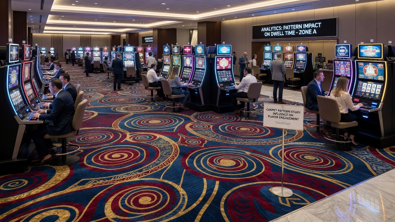 Detailed view of casino carpet patterns with data overlays showing player dwell time variations across gaming zones
