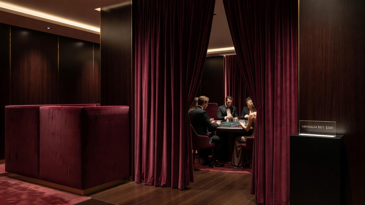 Acoustic partition panels installed between private gaming tables in a high-limit salon with velvet draping and sound measurement equipment nearby