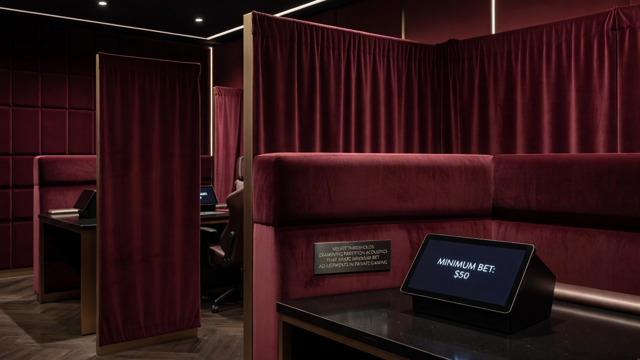 Sound level meters positioned on both sides of a velvet-covered partition during a live acoustic compliance test in a private baccarat salon