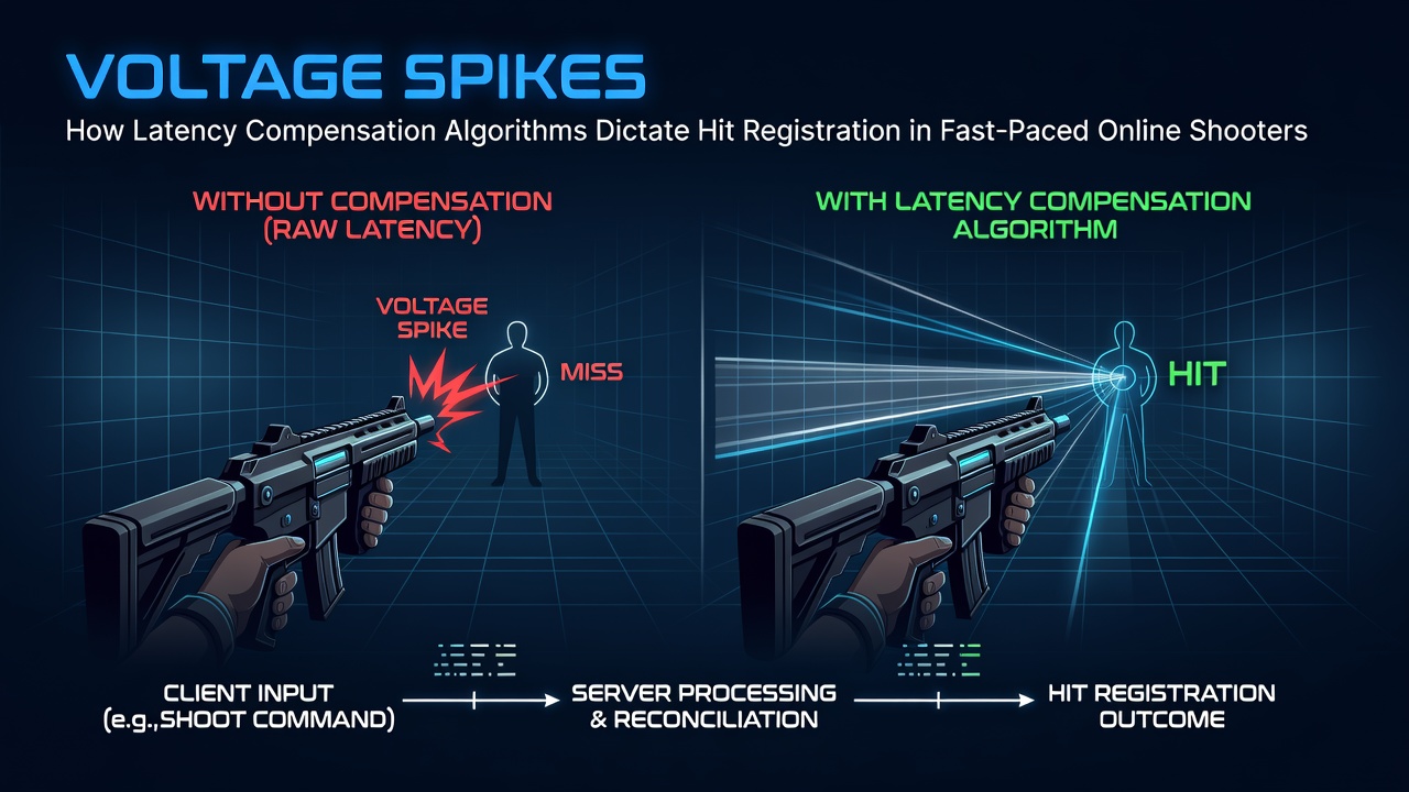 Server reconciliation timeline illustrating hit registration adjustments during a latency spike event in an FPS match