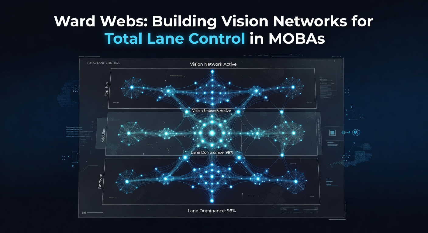 Illustrated diagram showing interconnected wards forming a vision web across a mid-lane river in League of Legends, highlighting blind spot coverage and enemy gank detection zones