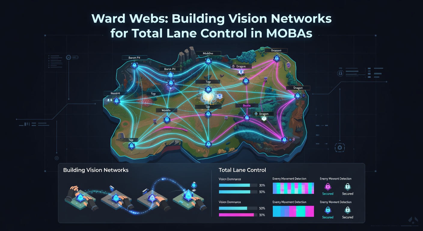 Screenshot from a Dota 2 pro match in April 2026, displaying a complex ward web spanning high ground lanes with color-coded vision radii and enemy fog-of-war breaches highlighted