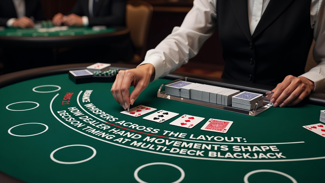 Close-up view of dealer hands executing a controlled sweep across multiple card positions during a blackjack round